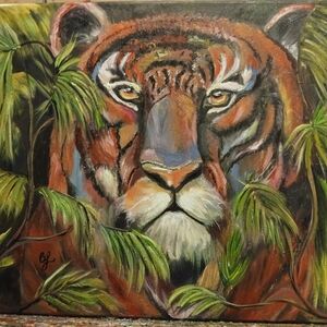 Original Oil Painting By Becki. Majestic Tiger Painting in Brown and Green